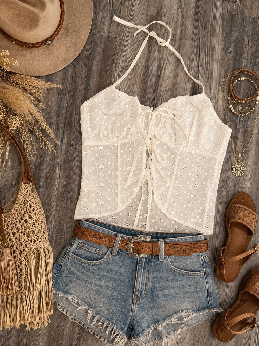Lace-Up Eyelet Halter Camisole Top - Cream